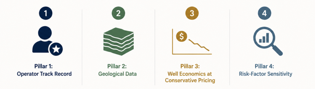 Oil and gas deal evaluation framework Four-step framework for evaluating an oil and gas deal: operator track record, geological data, well economics at conservative pricing, and risk-factor sensitivity