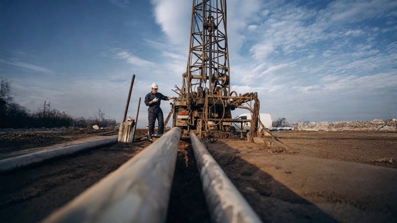 Oil drilling operations Onshore drilling rig beside a pipeline at sunrise in a U.S. oilfield