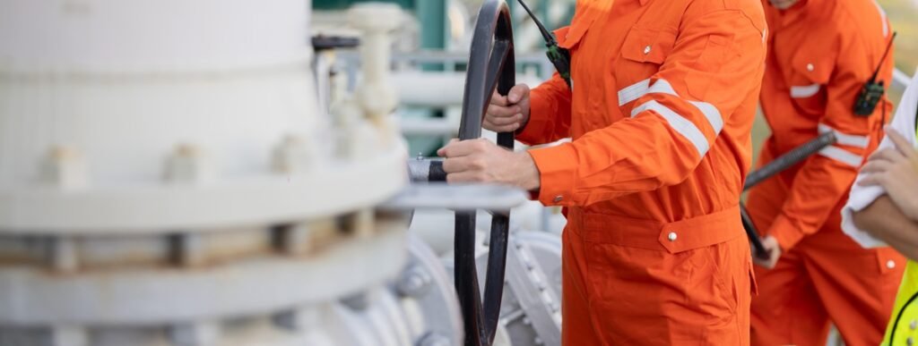 Oil and gas workers in orange coveralls inspecting production equipment at a wellsite