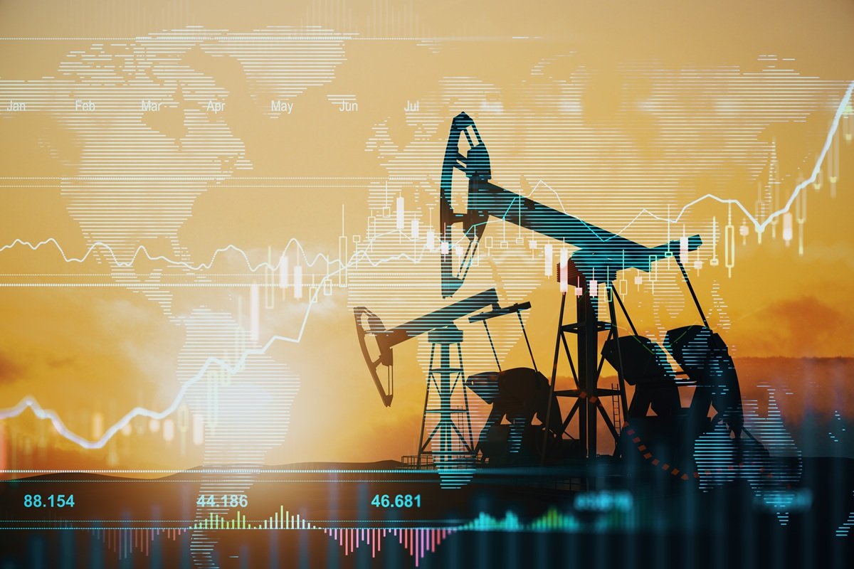 Oil pump jack with an amber financial chart overlay representing oil and gas investment data