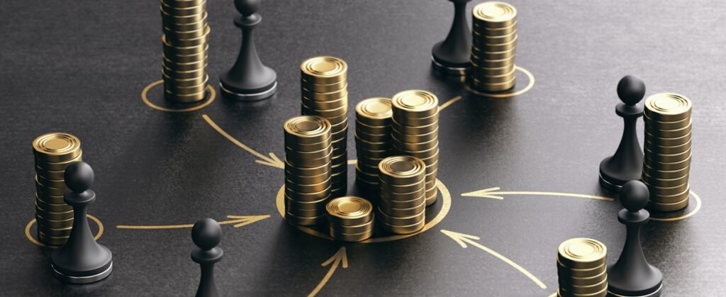 Stacks of coins linked by lines with miniature pump jacks, illustrating oil and gas portfolio diversification