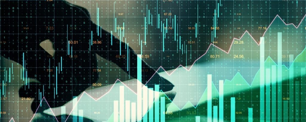 Evaluating oil and gas investments Teal financial chart with candlesticks and a trend line representing oil and gas investment returns